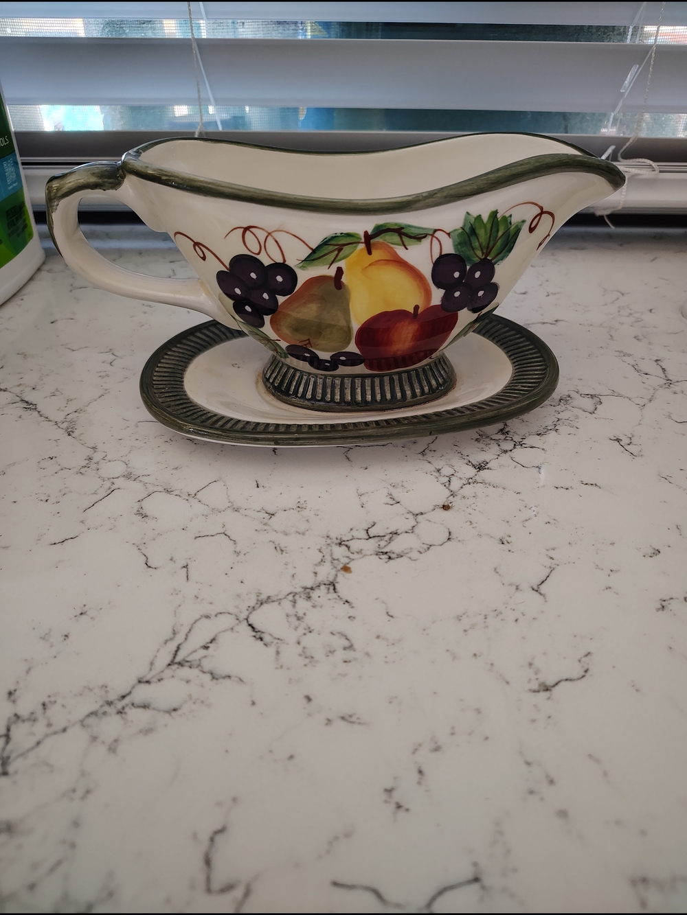 White Ceramic Gravy Boat with Multicolor Fruit Motif